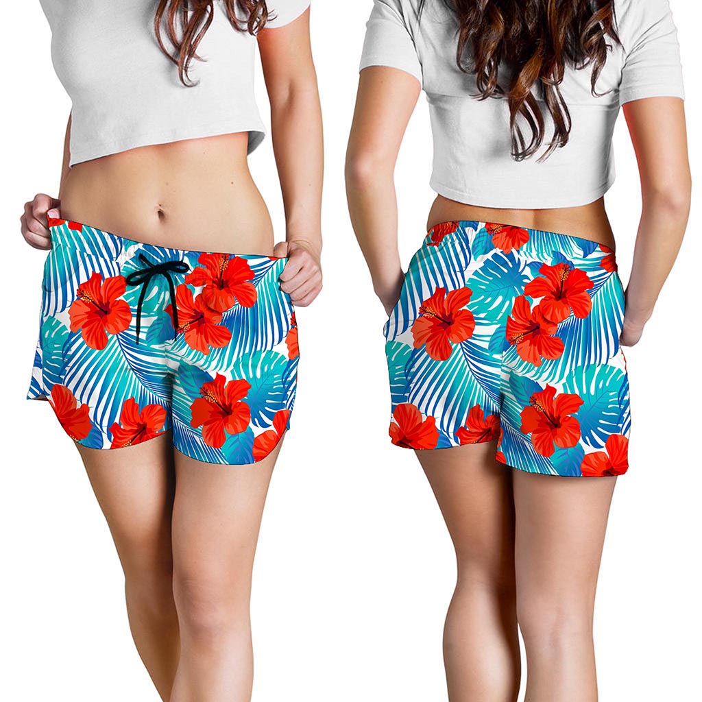 Blue Tropical Hibiscus Pattern Print Women's Shorts