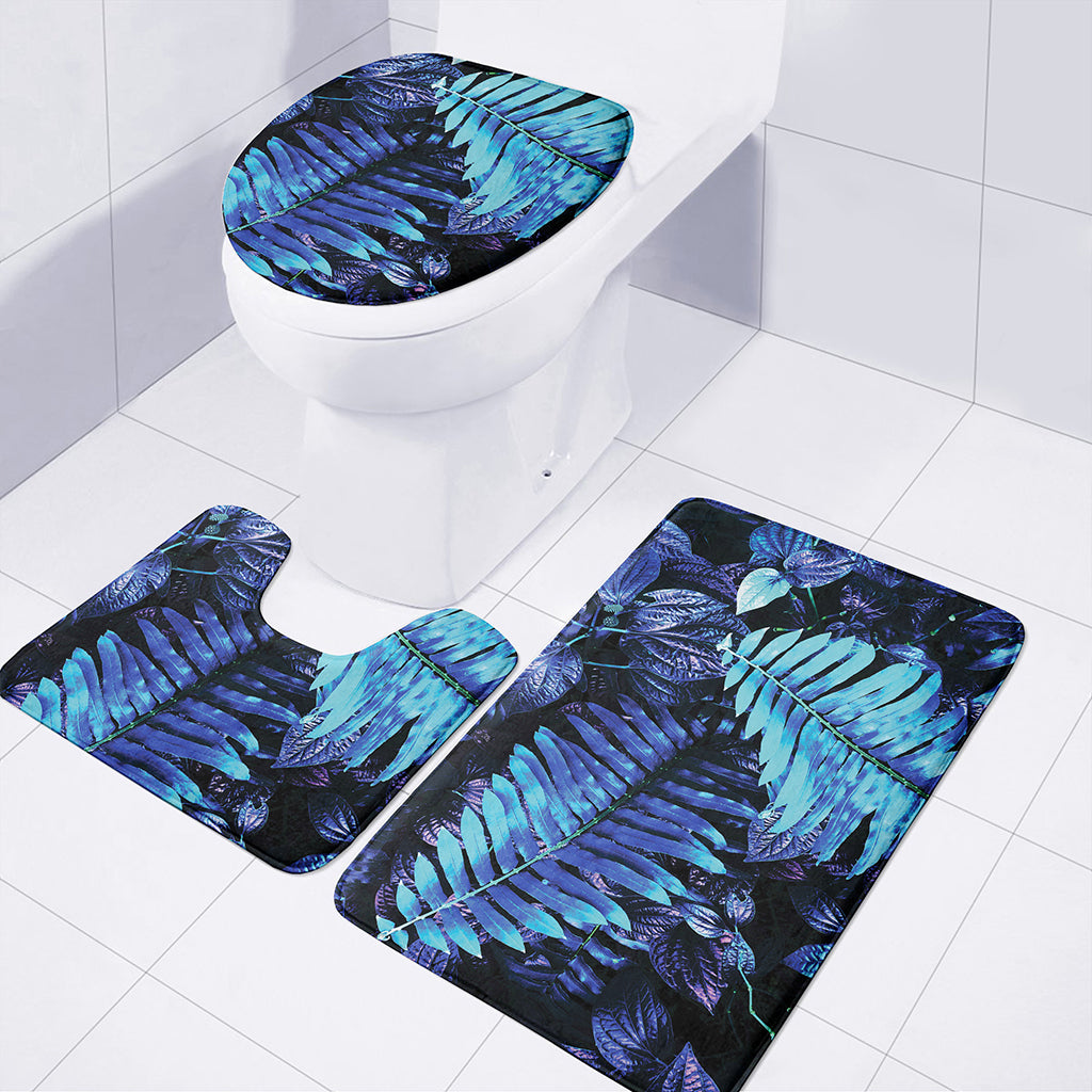 Blue Tropical Leaves Print 3 Piece Bath Mat Set