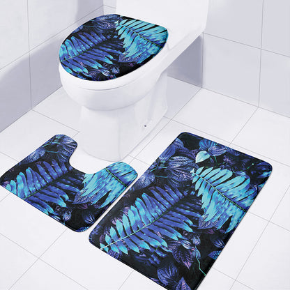 Blue Tropical Leaves Print 3 Piece Bath Mat Set