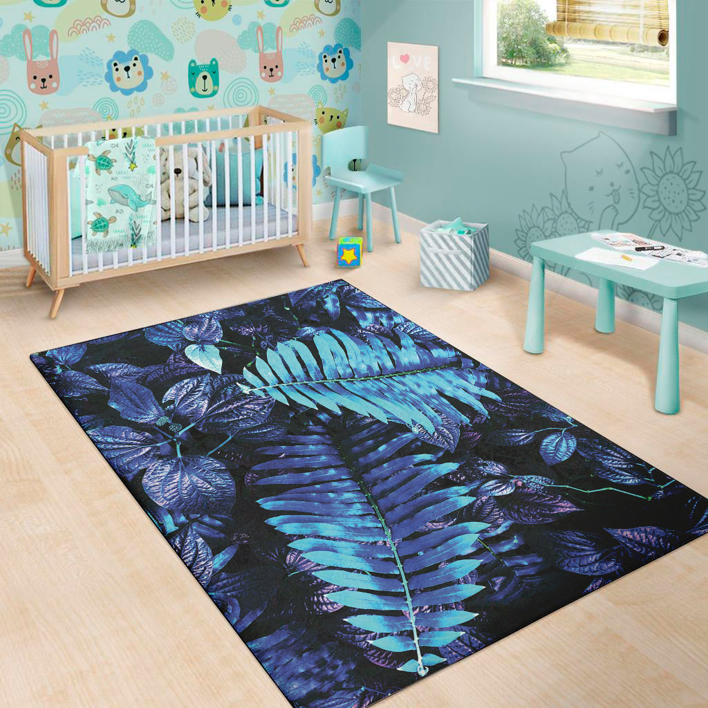 Blue Tropical Leaves Print Area Rug