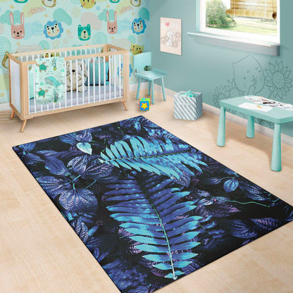 Blue Tropical Leaves Print Area Rug
