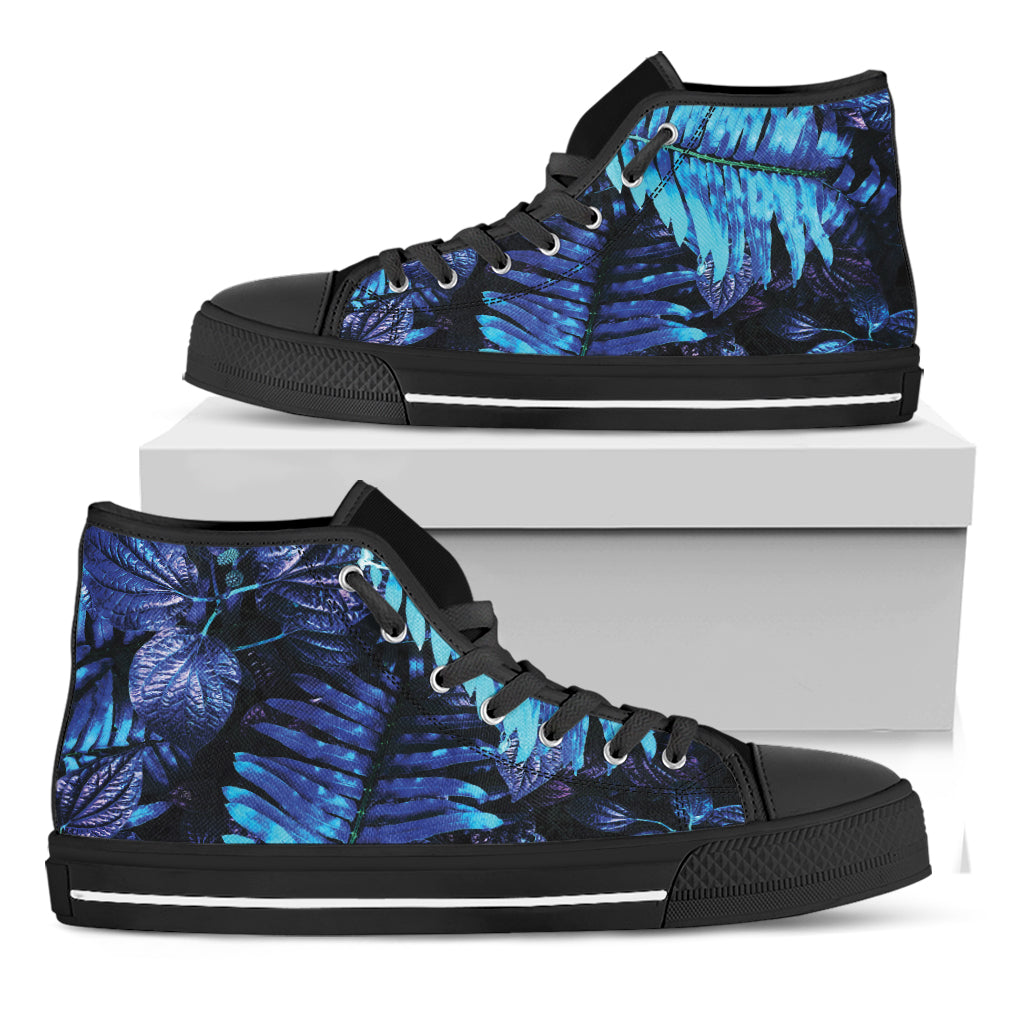 Blue Tropical Leaves Print Black High Top Shoes