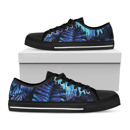 Blue Tropical Leaves Print Black Low Top Shoes