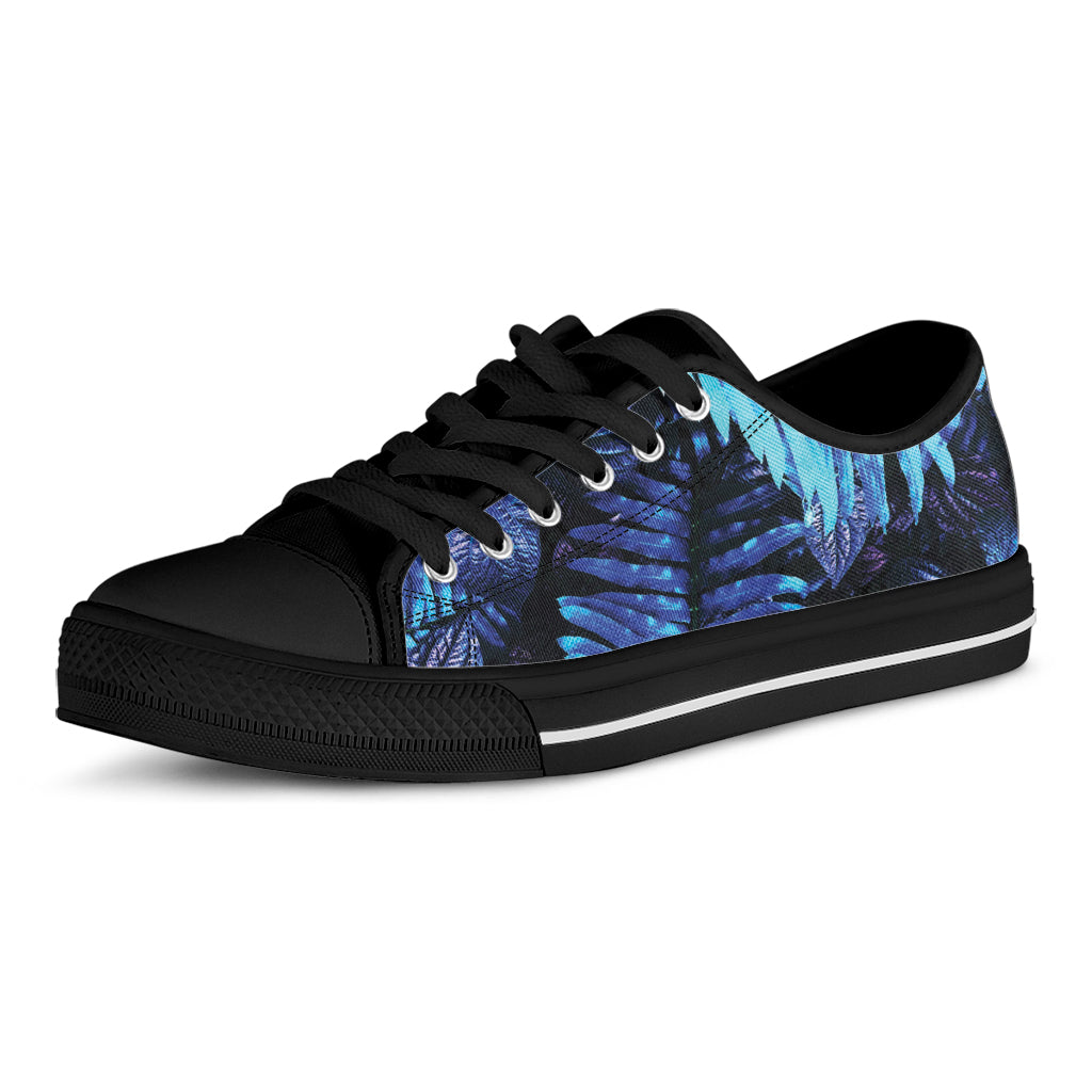 Blue Tropical Leaves Print Black Low Top Shoes