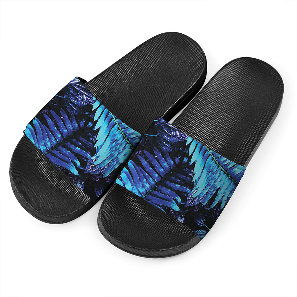 Blue Tropical Leaves Print Black Slide Sandals