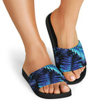 Blue Tropical Leaves Print Black Slide Sandals