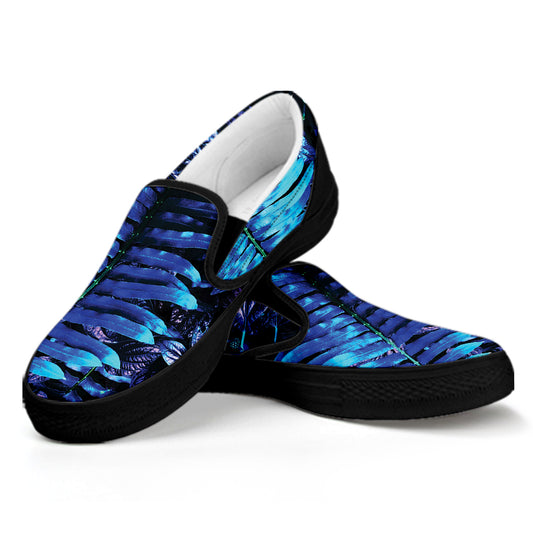 Blue Tropical Leaves Print Black Slip On Shoes