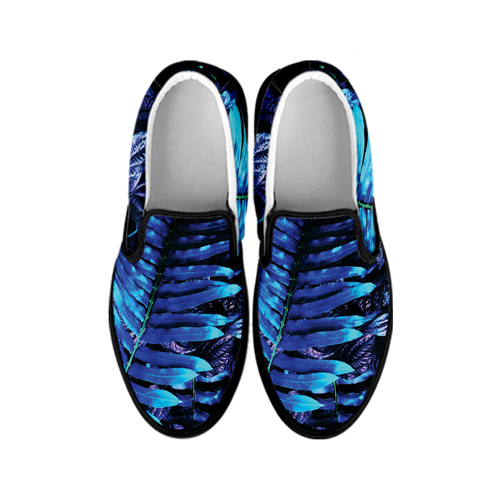 Blue Tropical Leaves Print Black Slip On Shoes
