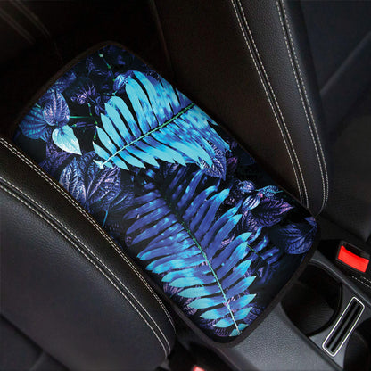 Blue Tropical Leaves Print Car Center Console Cover