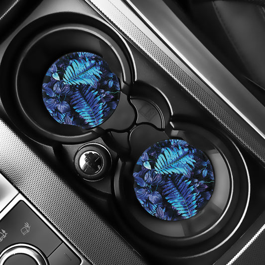 Blue Tropical Leaves Print Car Coasters