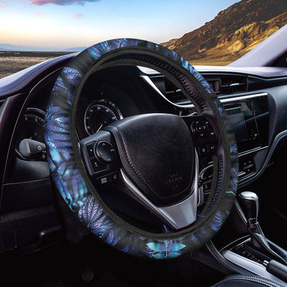 Blue Tropical Leaves Print Car Steering Wheel Cover