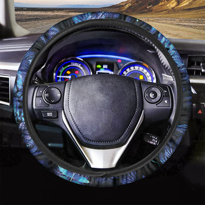 Blue Tropical Leaves Print Car Steering Wheel Cover