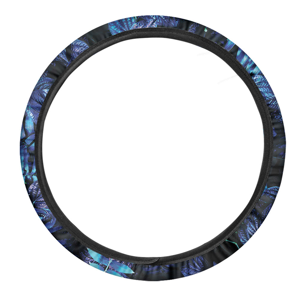 Blue Tropical Leaves Print Car Steering Wheel Cover
