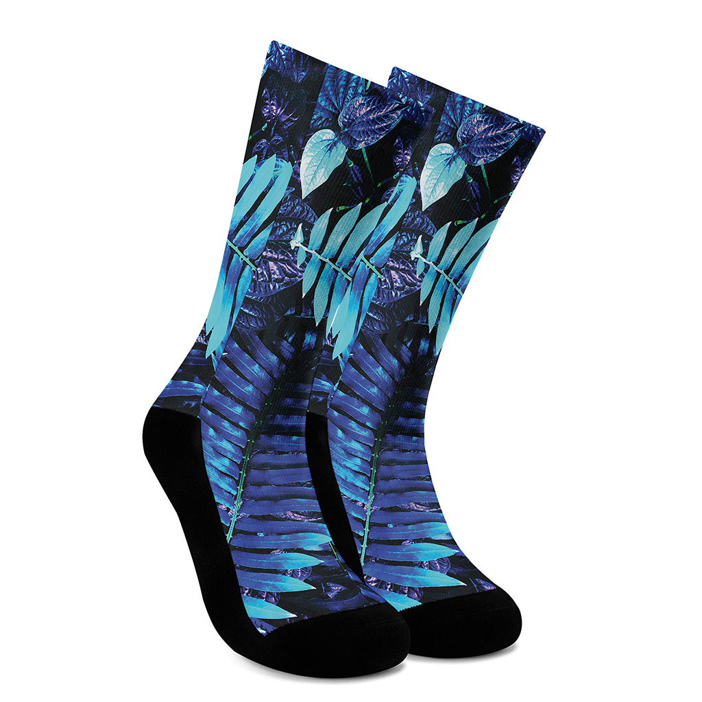 Blue Tropical Leaves Print Crew Socks