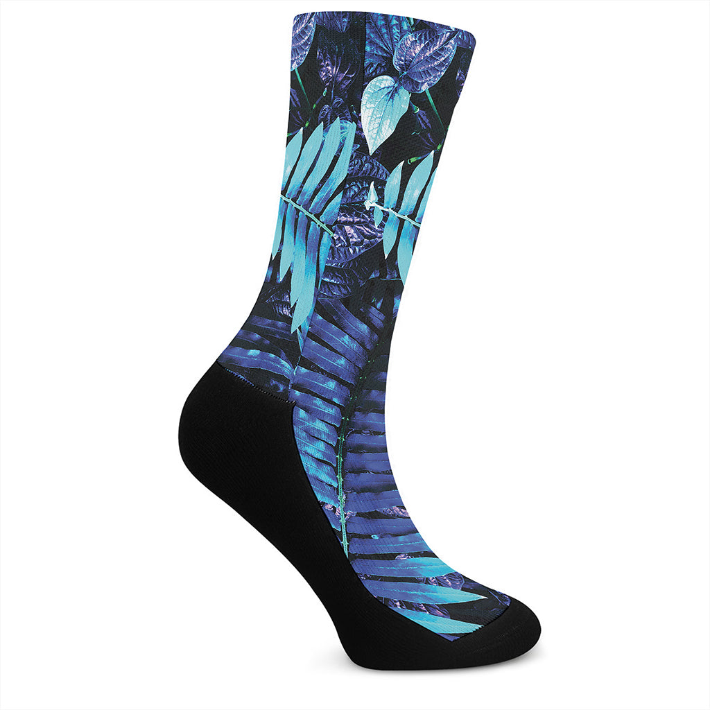 Blue Tropical Leaves Print Crew Socks