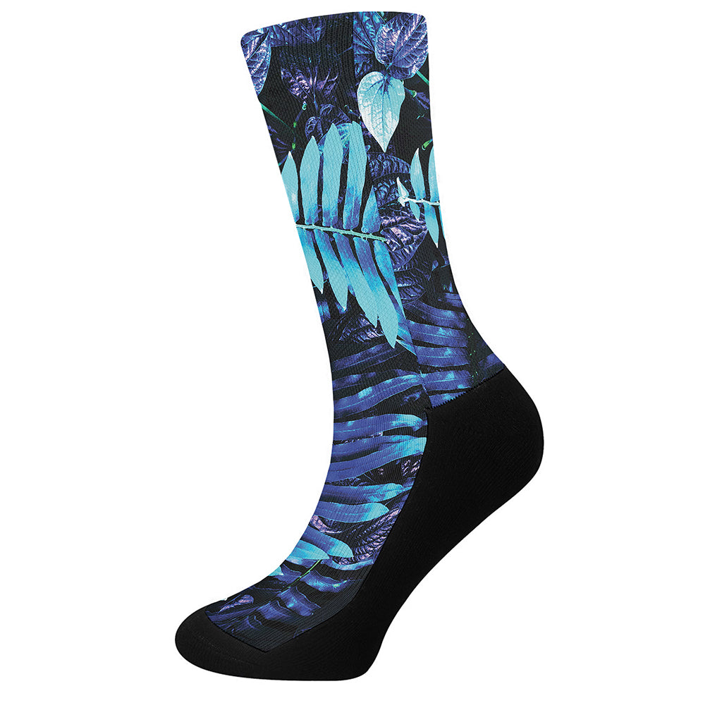 Blue Tropical Leaves Print Crew Socks