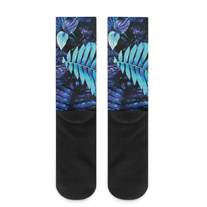 Blue Tropical Leaves Print Crew Socks