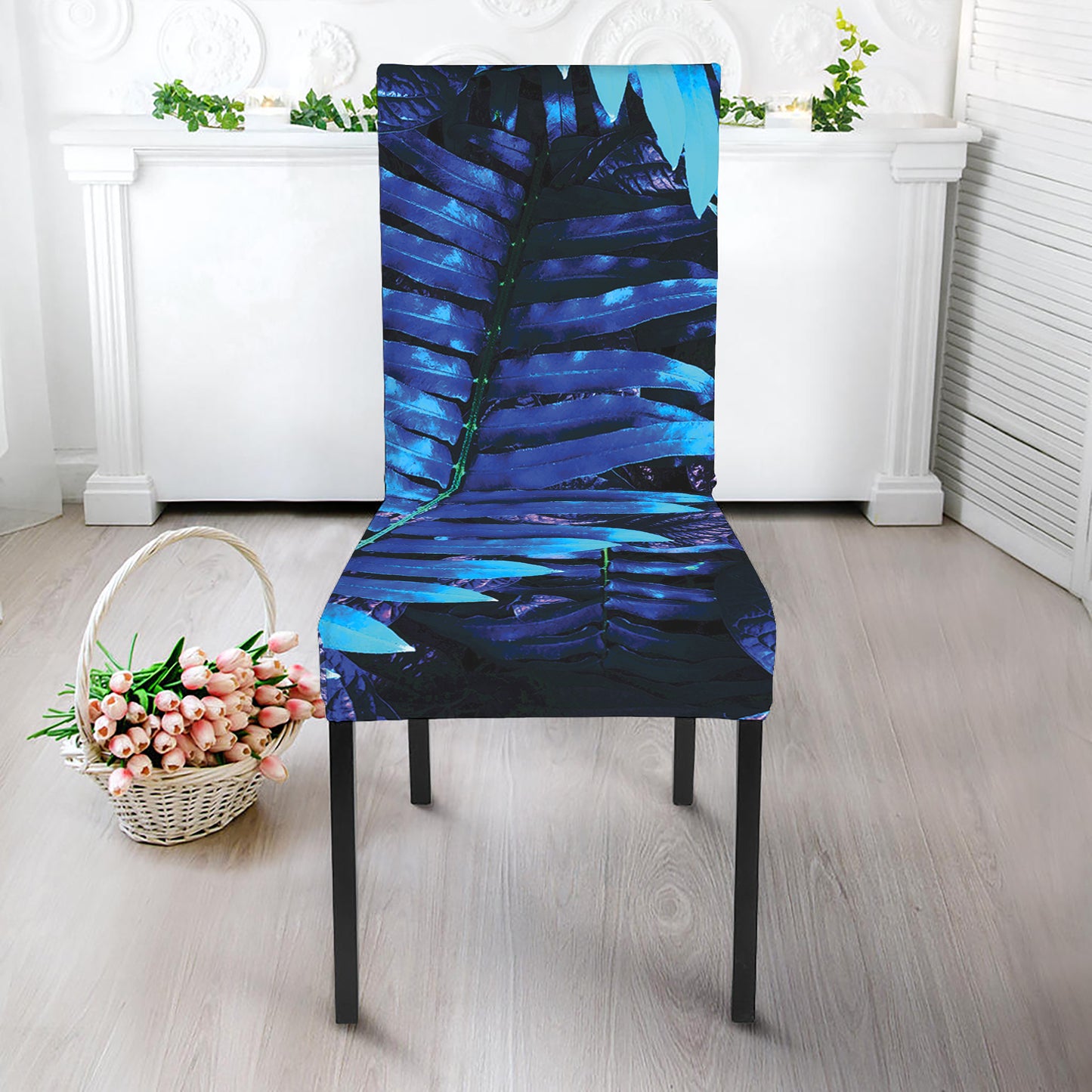 Blue Tropical Leaves Print Dining Chair Slipcover