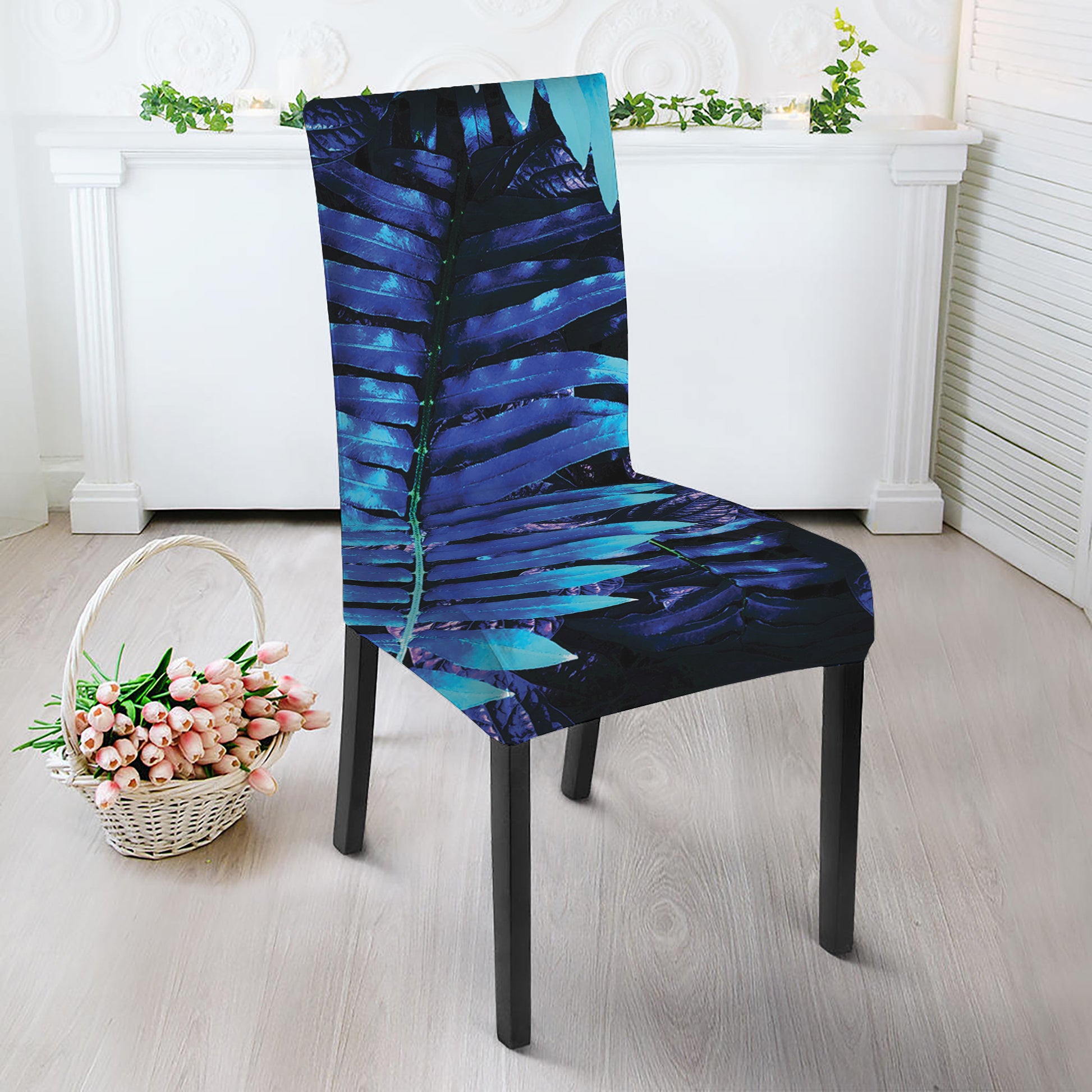 Blue Tropical Leaves Print Dining Chair Slipcover