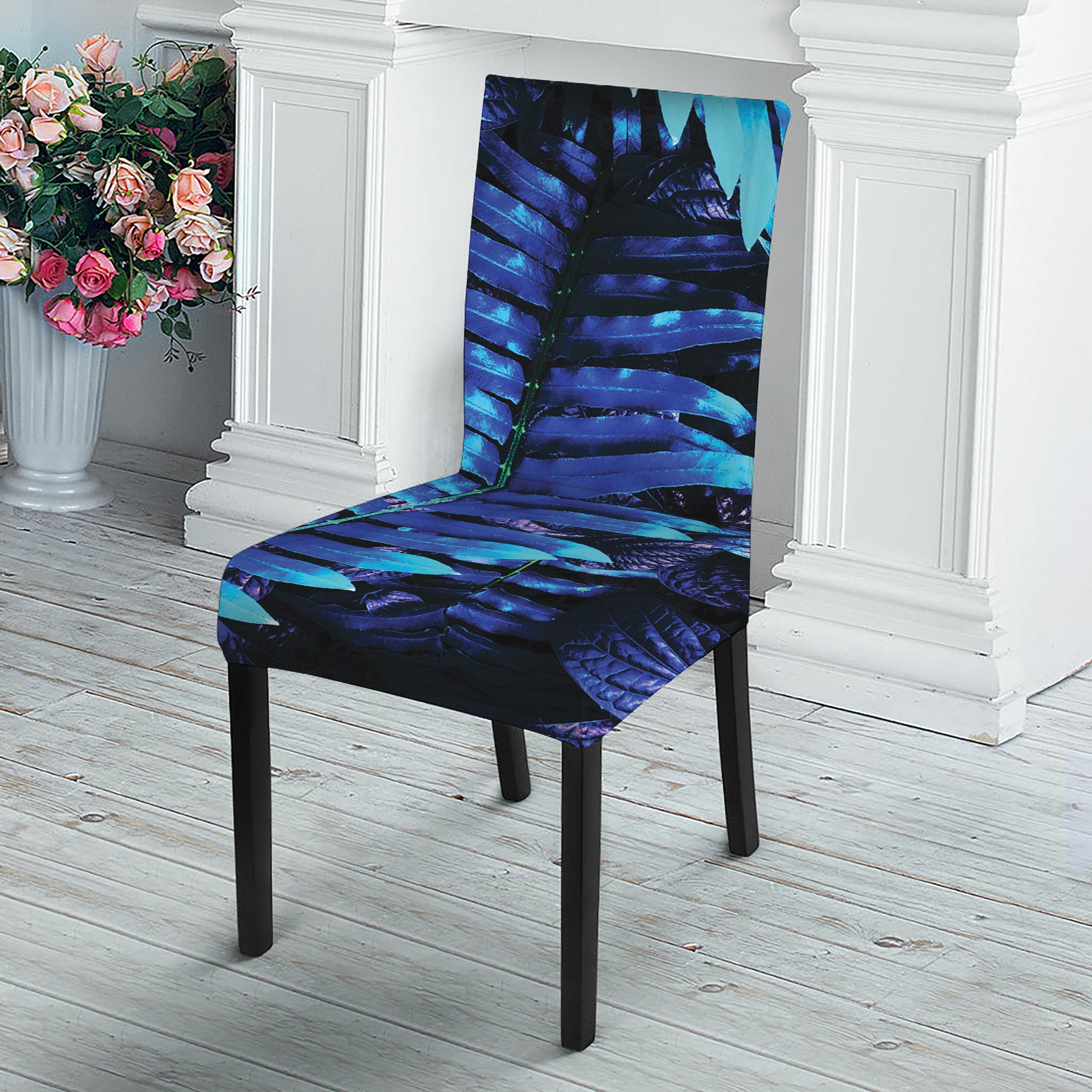 Blue Tropical Leaves Print Dining Chair Slipcover