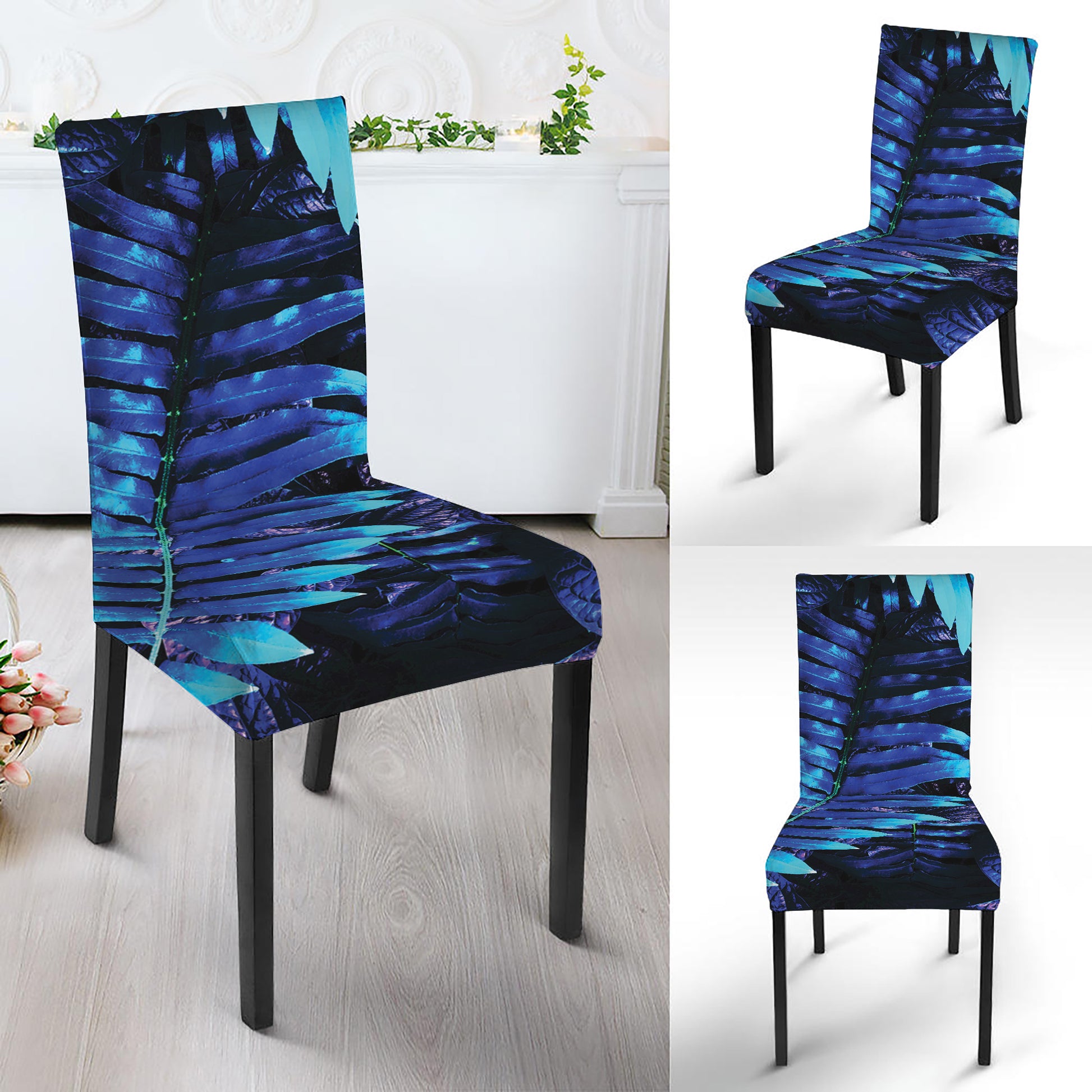Blue Tropical Leaves Print Dining Chair Slipcover