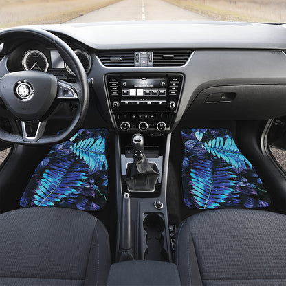Blue Tropical Leaves Print Front and Back Car Floor Mats