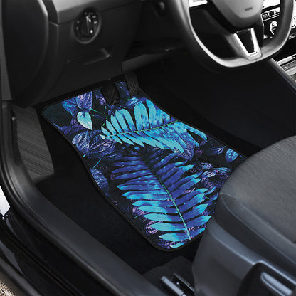 Blue Tropical Leaves Print Front and Back Car Floor Mats