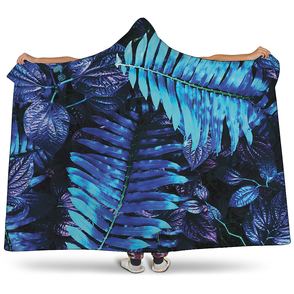 Blue Tropical Leaves Print Hooded Blanket