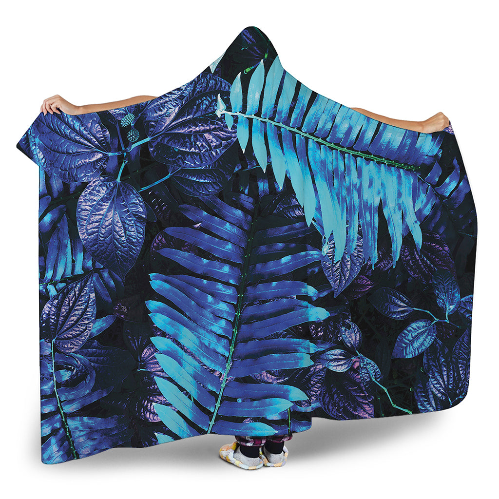 Blue Tropical Leaves Print Hooded Blanket