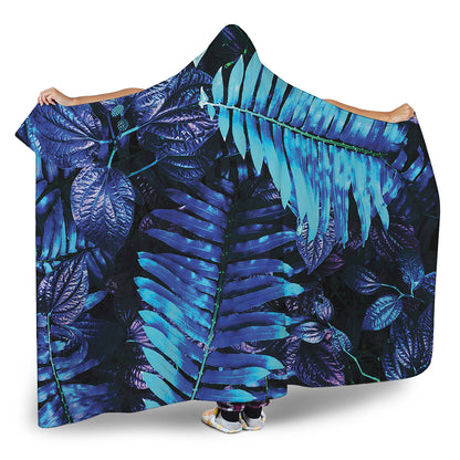 Blue Tropical Leaves Print Hooded Blanket