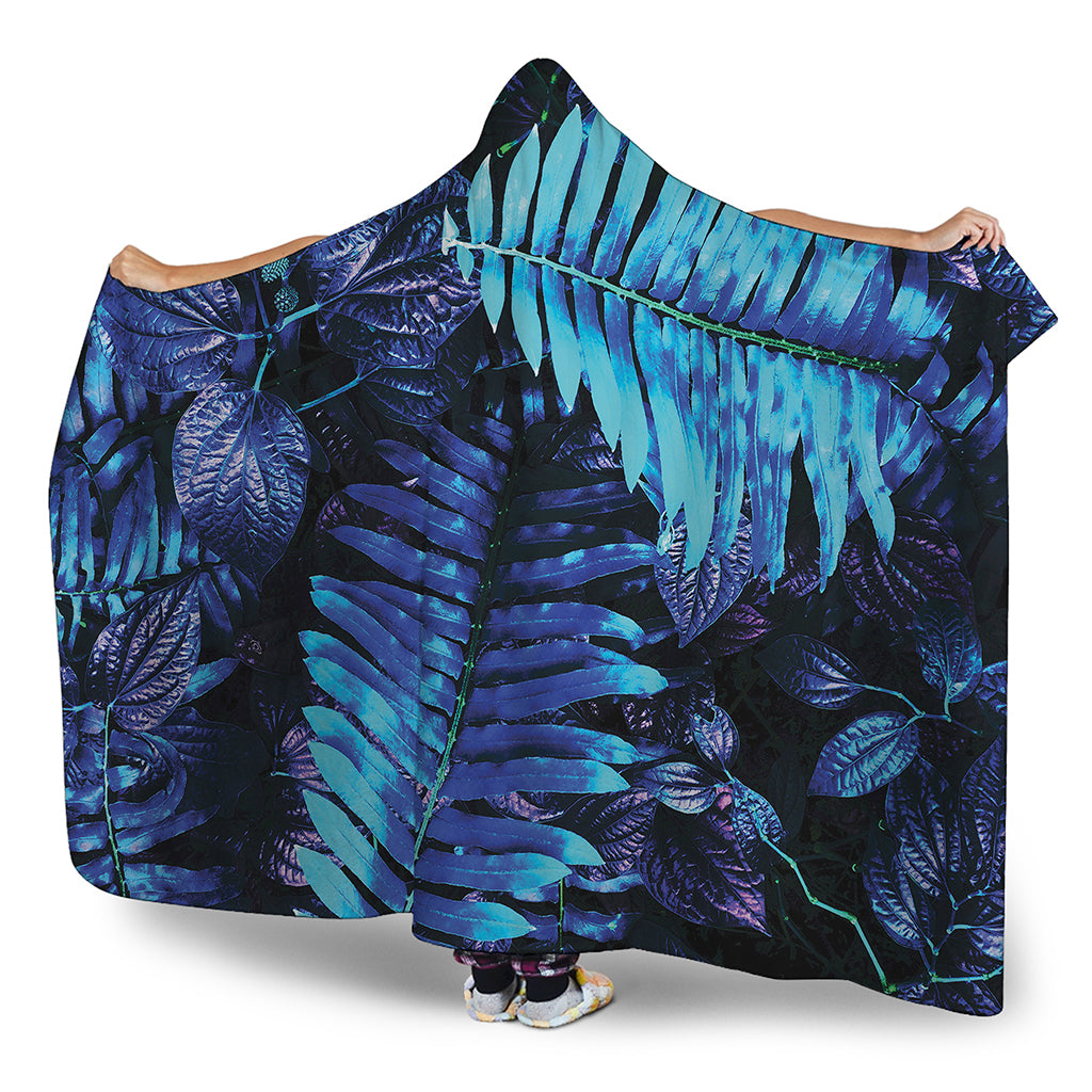 Blue Tropical Leaves Print Hooded Blanket