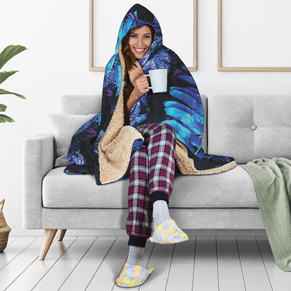 Blue Tropical Leaves Print Hooded Blanket