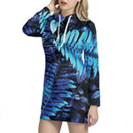Blue Tropical Leaves Print Hoodie Dress