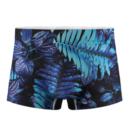 Blue Tropical Leaves Print Men's Boxer Briefs