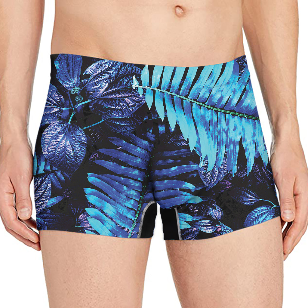 Blue Tropical Leaves Print Men's Boxer Briefs