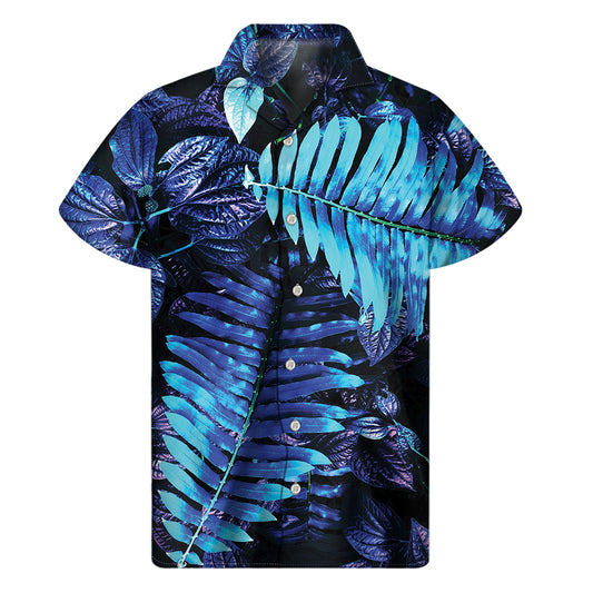 Blue Tropical Leaves Print Men's Short Sleeve Shirt