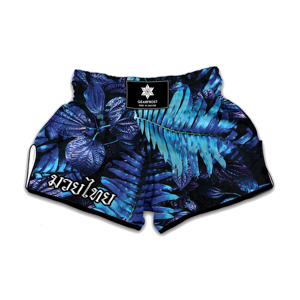 Blue Tropical Leaves Print Muay Thai Boxing Shorts