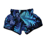 Blue Tropical Leaves Print Muay Thai Boxing Shorts