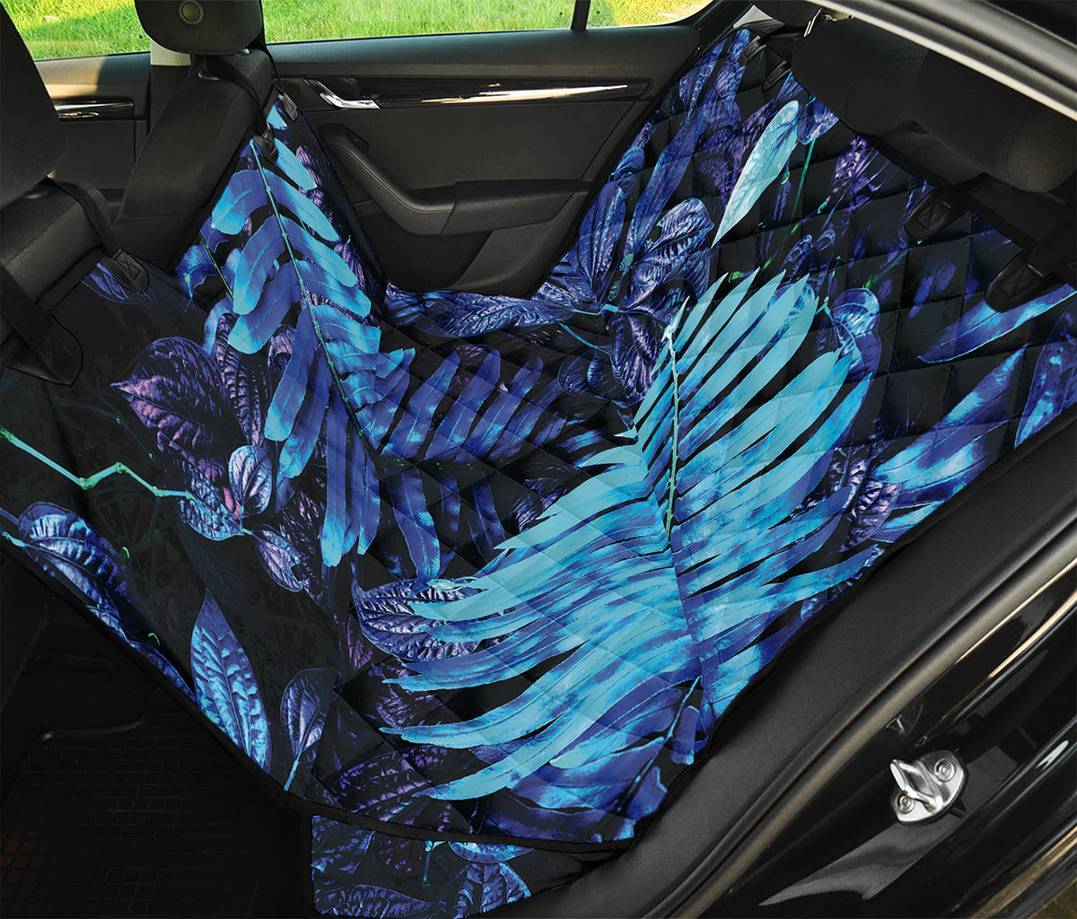 Blue Tropical Leaves Print Pet Car Back Seat Cover