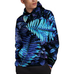 Blue Tropical Leaves Print Pullover Hoodie