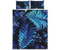 Blue Tropical Leaves Print Quilt Bed Set