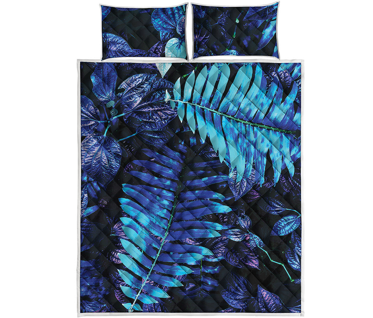 Blue Tropical Leaves Print Quilt Bed Set
