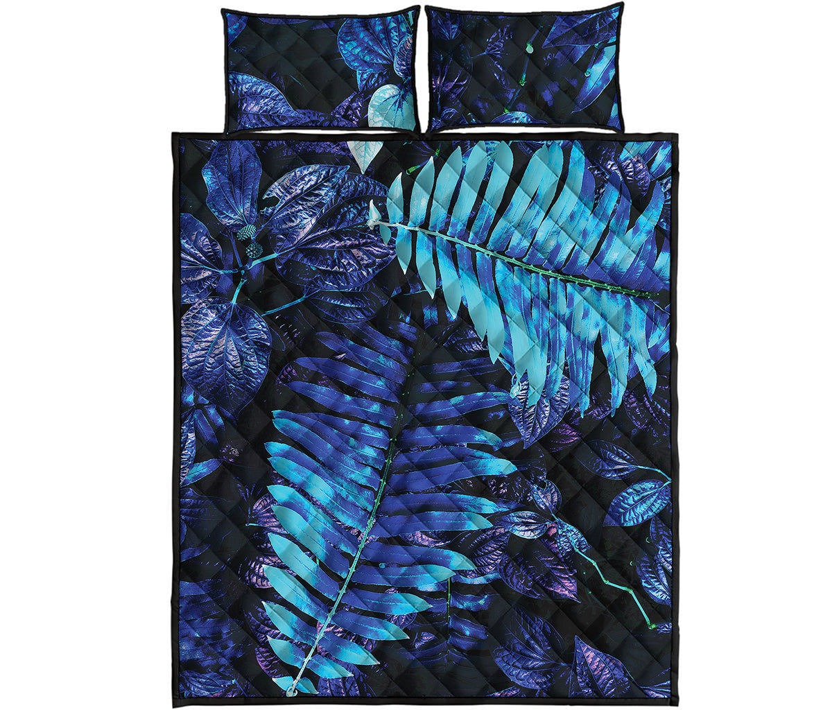 Blue Tropical Leaves Print Quilt Bed Set