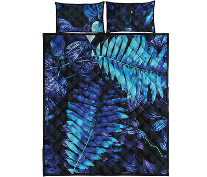 Blue Tropical Leaves Print Quilt Bed Set