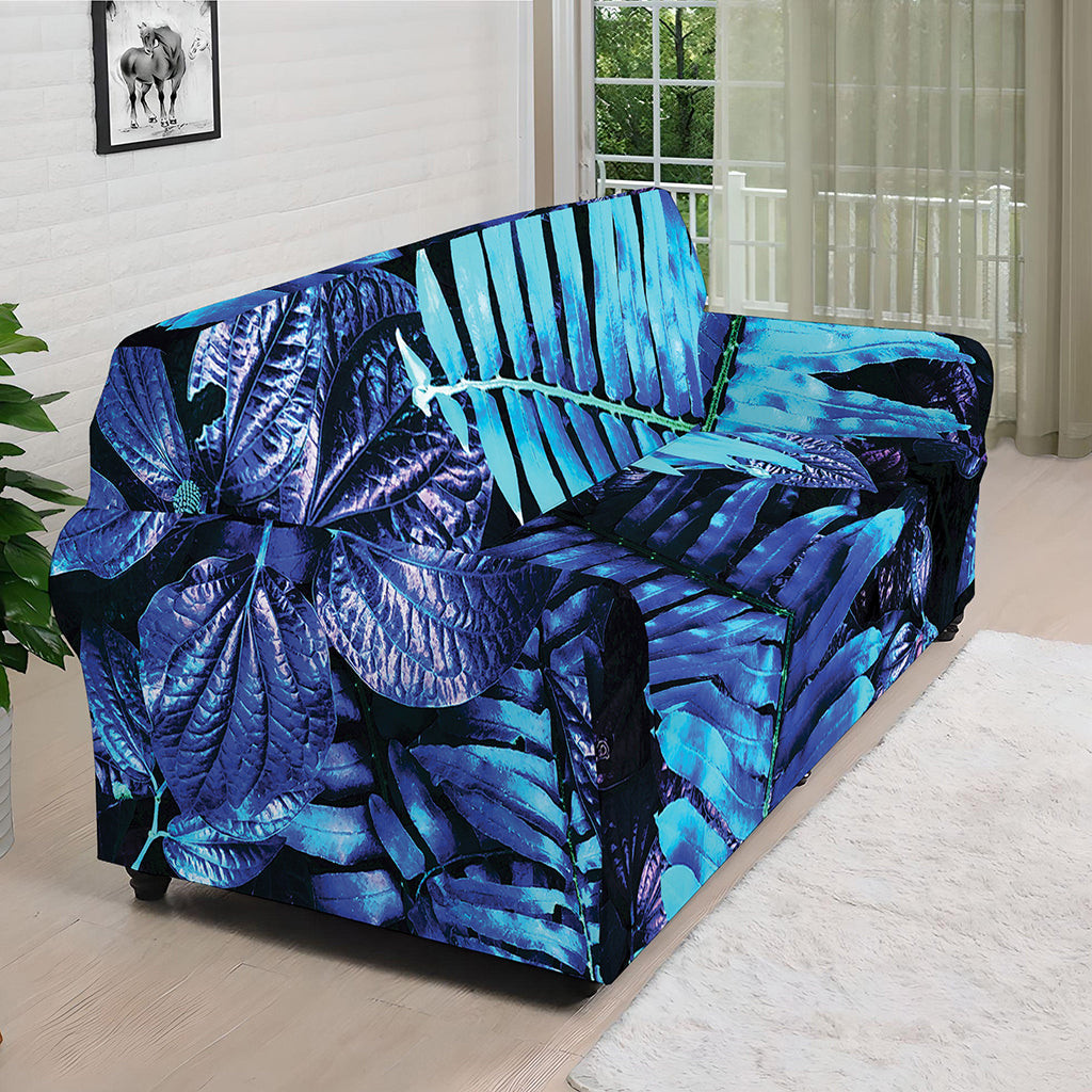 Blue Tropical Leaves Print Sofa Cover