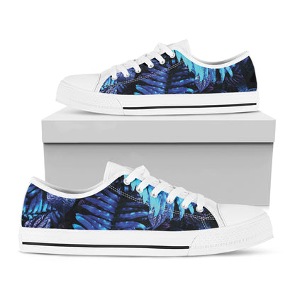 Blue Tropical Leaves Print White Low Top Shoes