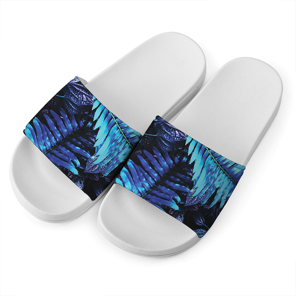 Blue Tropical Leaves Print White Slide Sandals