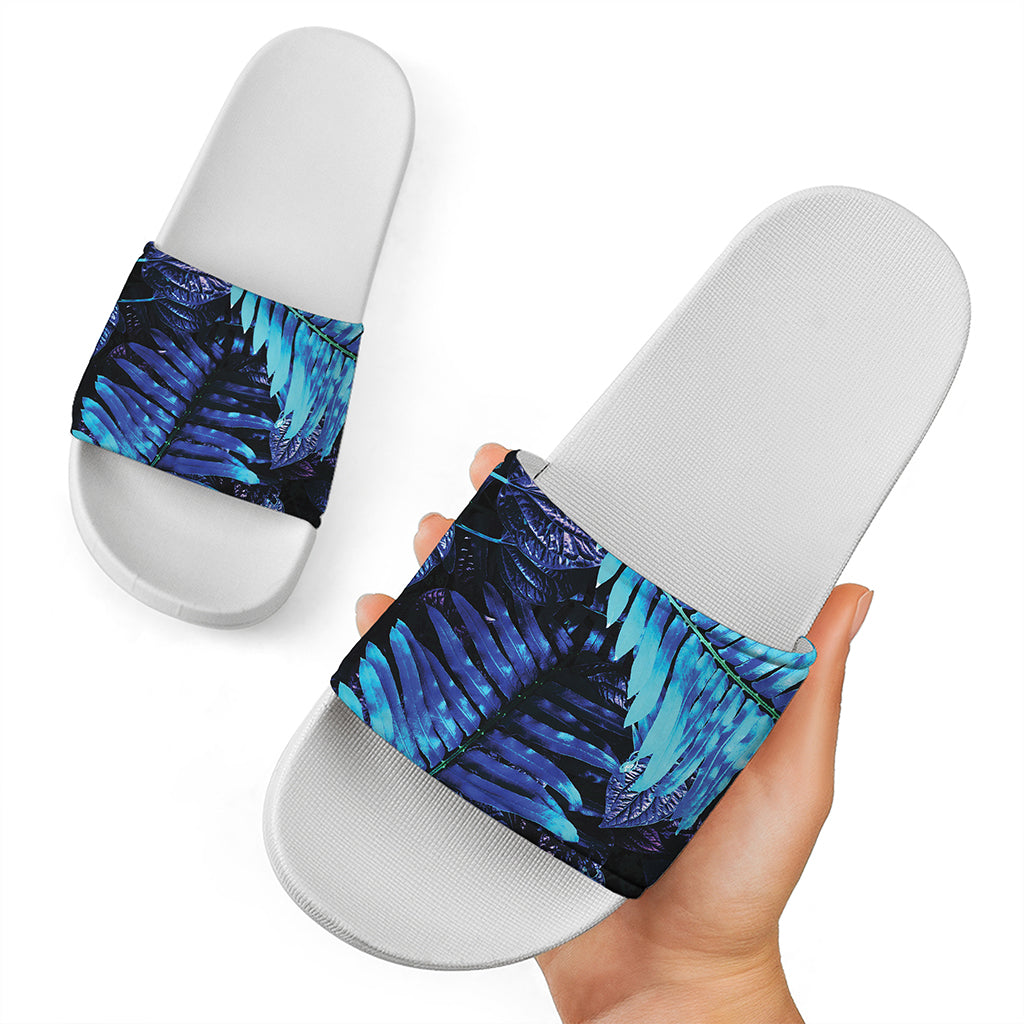 Blue Tropical Leaves Print White Slide Sandals