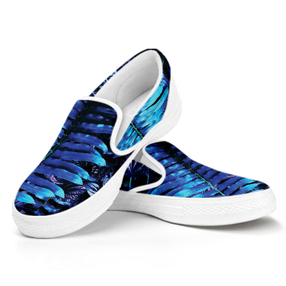 Blue Tropical Leaves Print White Slip On Shoes