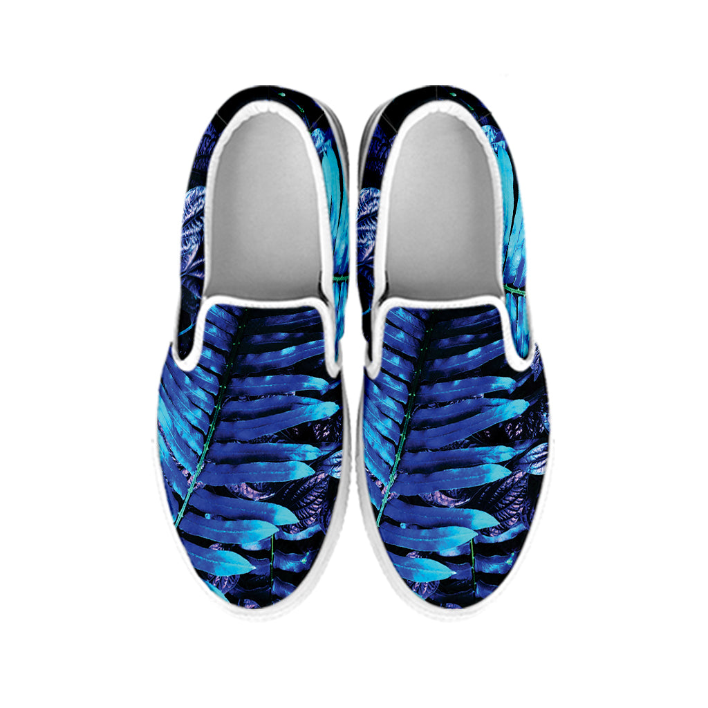 Blue Tropical Leaves Print White Slip On Shoes